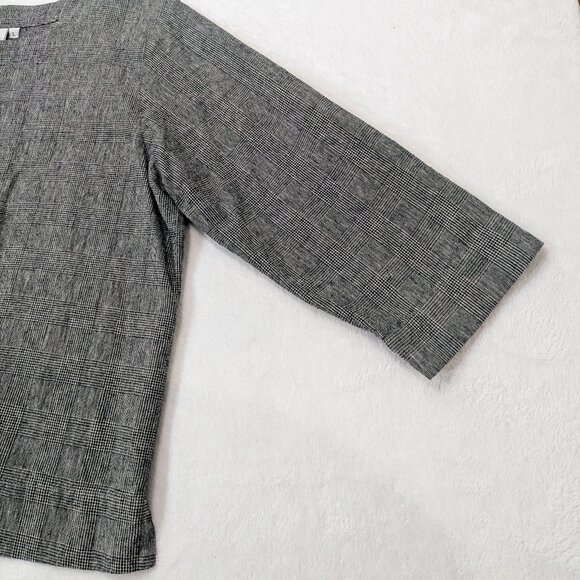 HOT COTTON Boxy Fit Plaid Top L Black White 3/4 Sleeve Mod 60's Vibes Round Neck - Picture 3 of 9